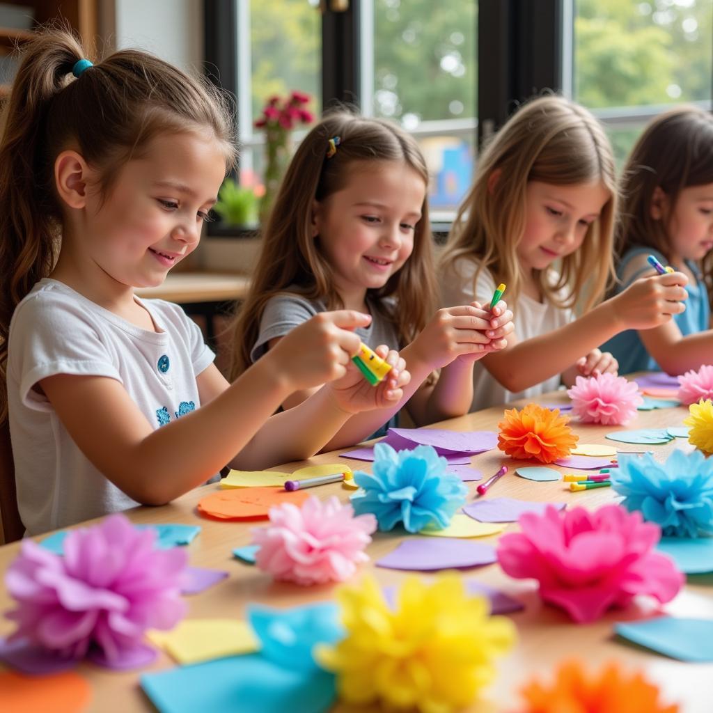 Preschoolers crafting colorful tissue paper flowers for spring art project