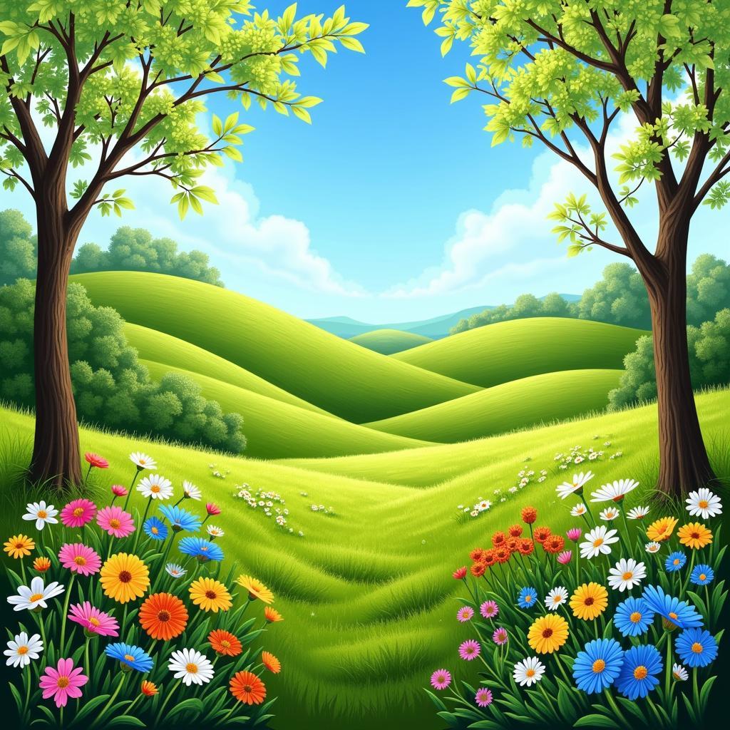 Spring Landscape Painting with Vibrant Colors and Light Play