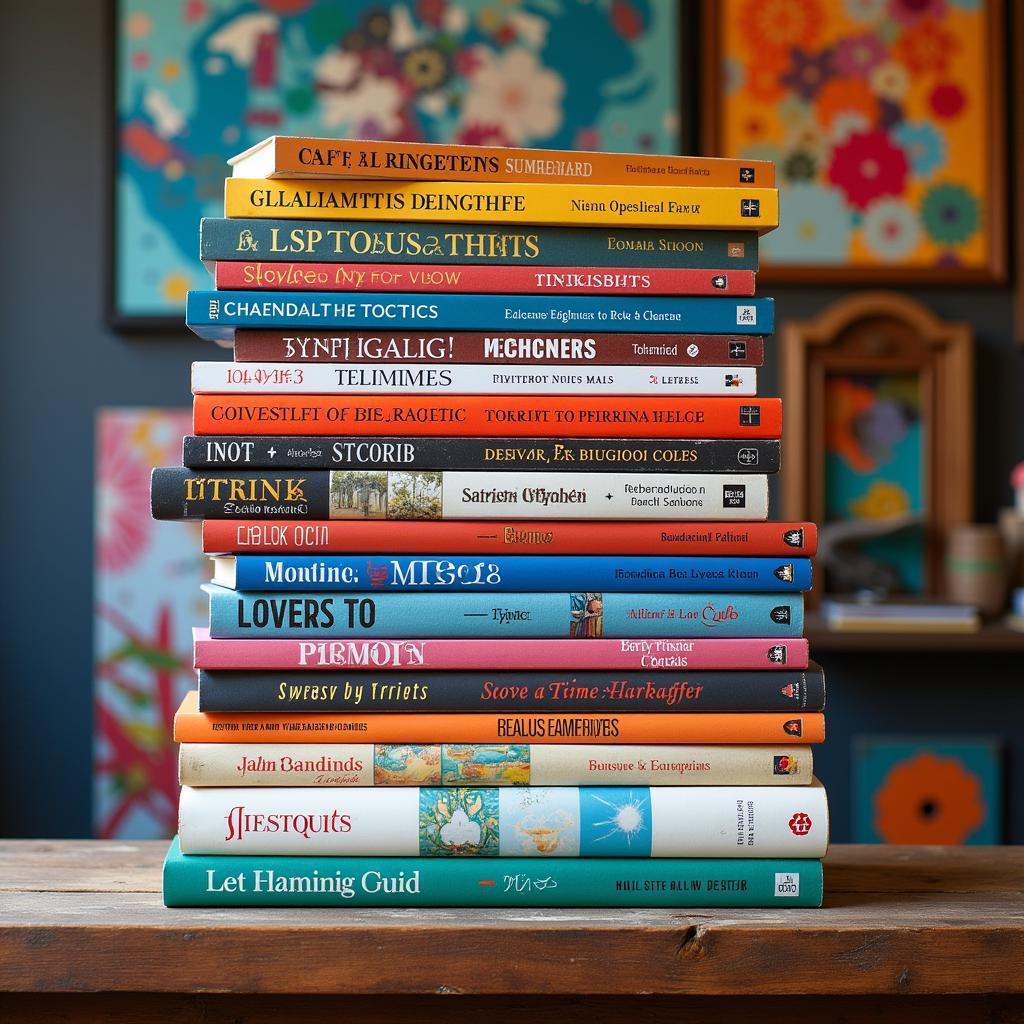 Stack of Colorful Art Books on a Rustic Wooden Table