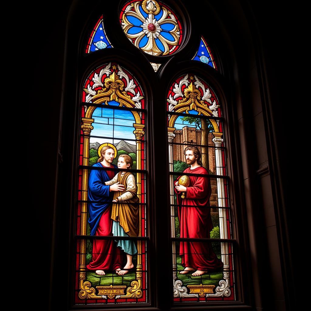 Stained Glass Cathedral Window Detail: Close-up view of a vibrant stained glass window in a Gothic cathedral, showcasing intricate details and rich colors.