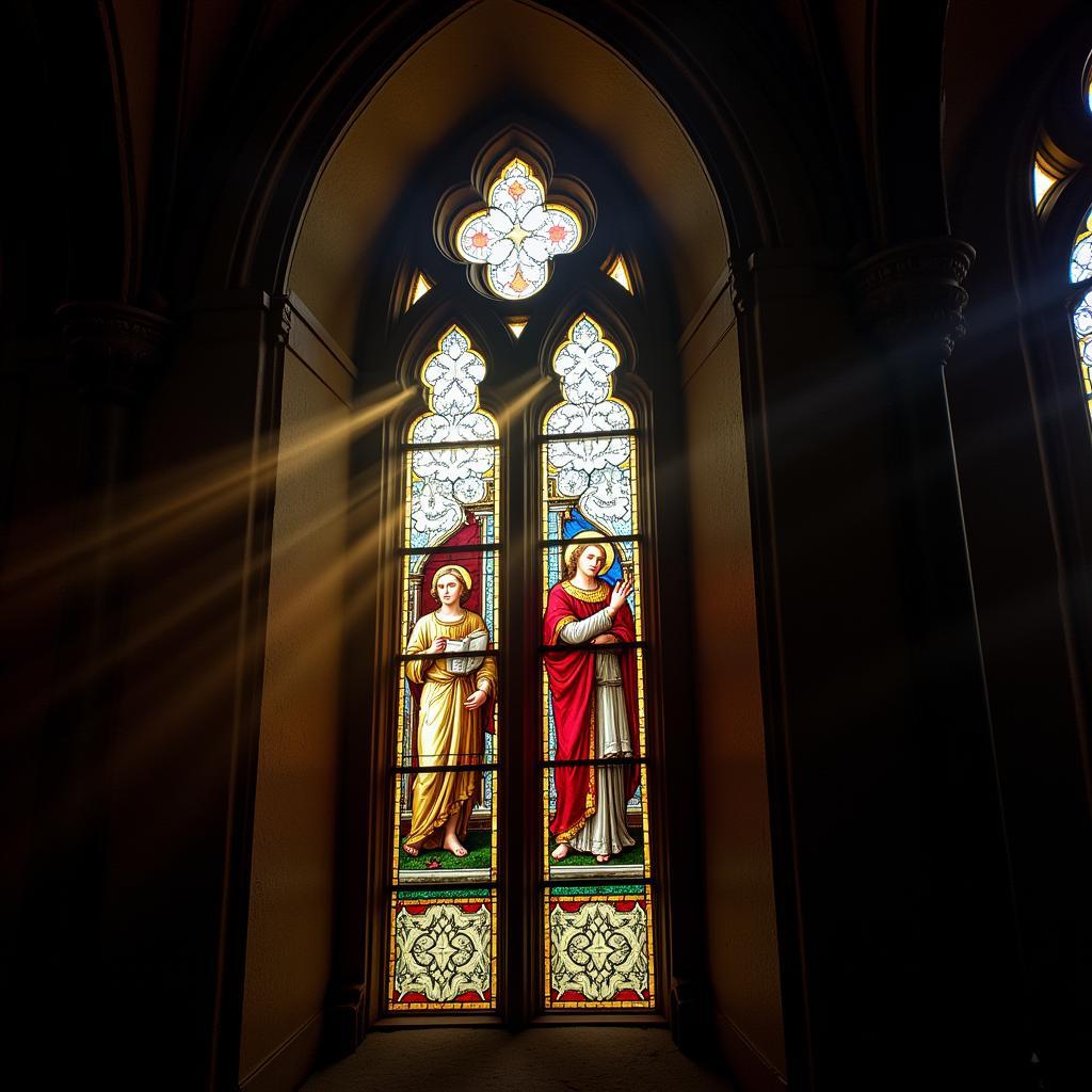 Stained glass windows depicting biblical scenes, illuminating the cathedral with vibrant colors.