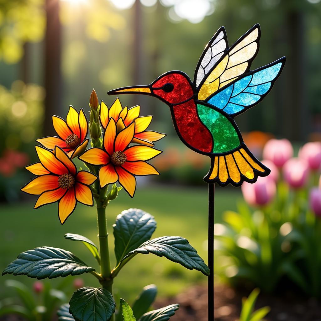 Stained glass garden stake featuring a hummingbird amongst flowers.