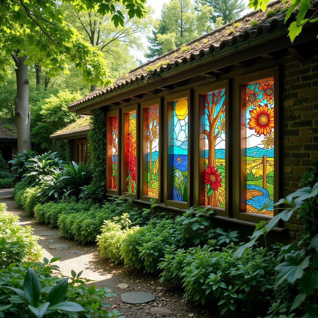 Colorful Stained Glass Panels Adorning a Garden Wall