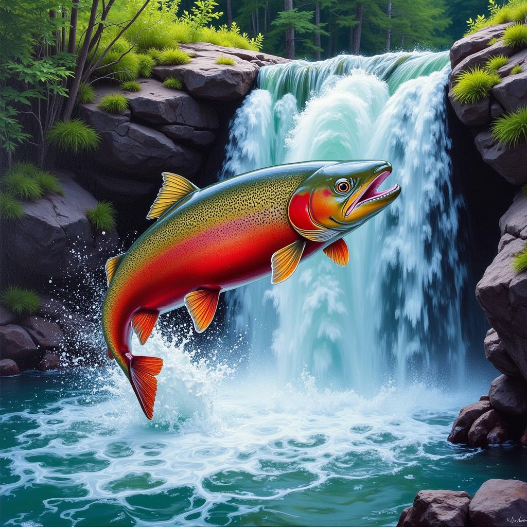 Steelhead Leaping Through Waterfall