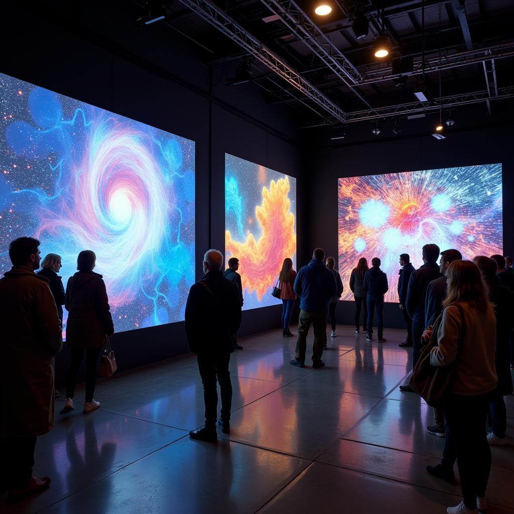 Digital Art Exhibit at Stockade Art Show: Large screens displaying vibrant digital artworks, with visitors interacting with the installations.