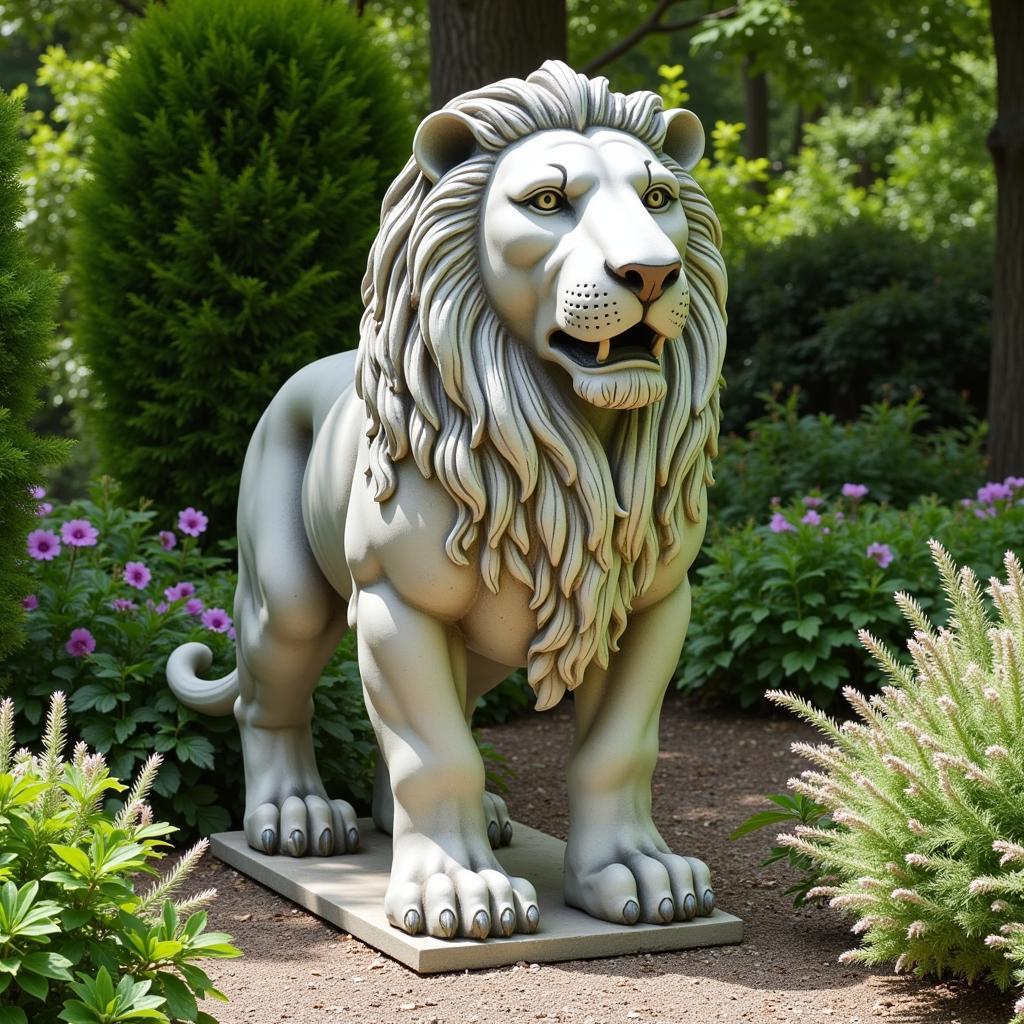 Stone Animal Yard Art Lion Sculpture in a Garden