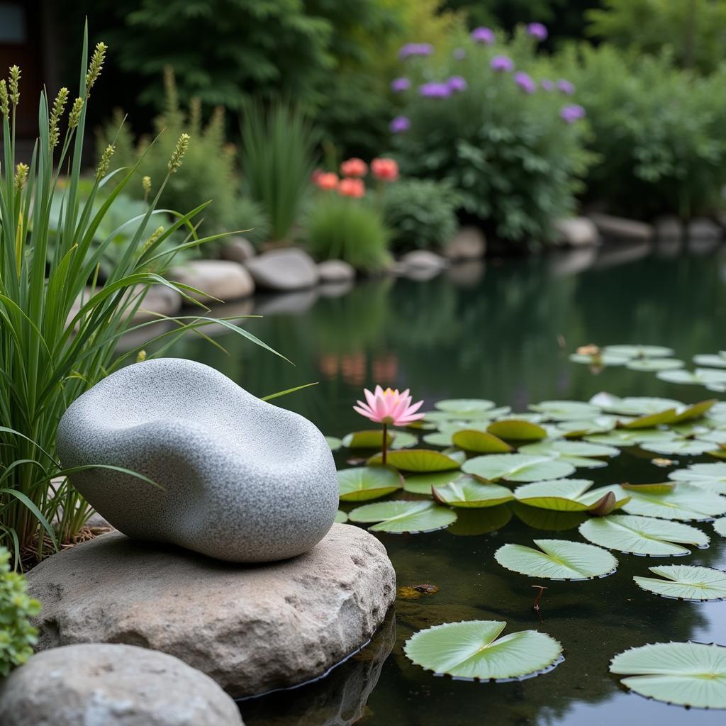 Serene Stone Yard Art Sculpture by a Garden Pond