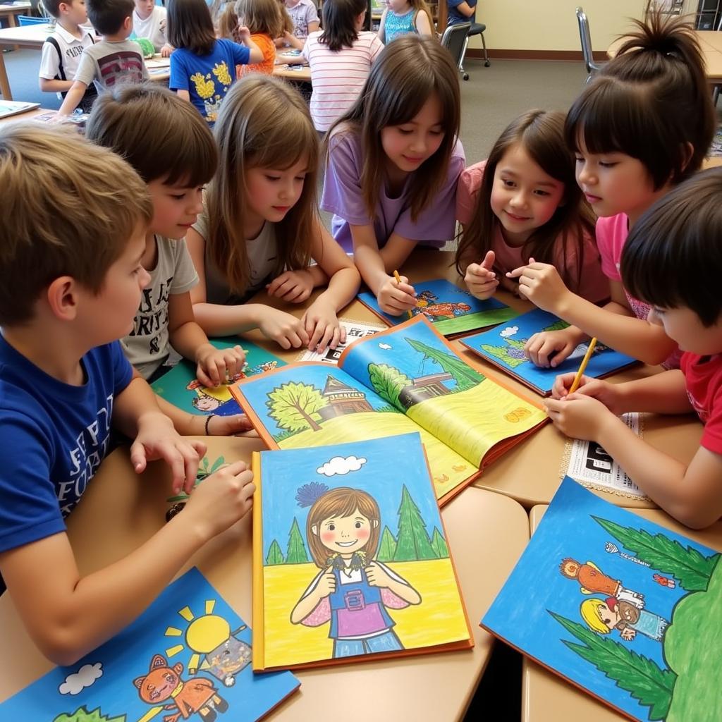 Children engaging with storytime art while reading