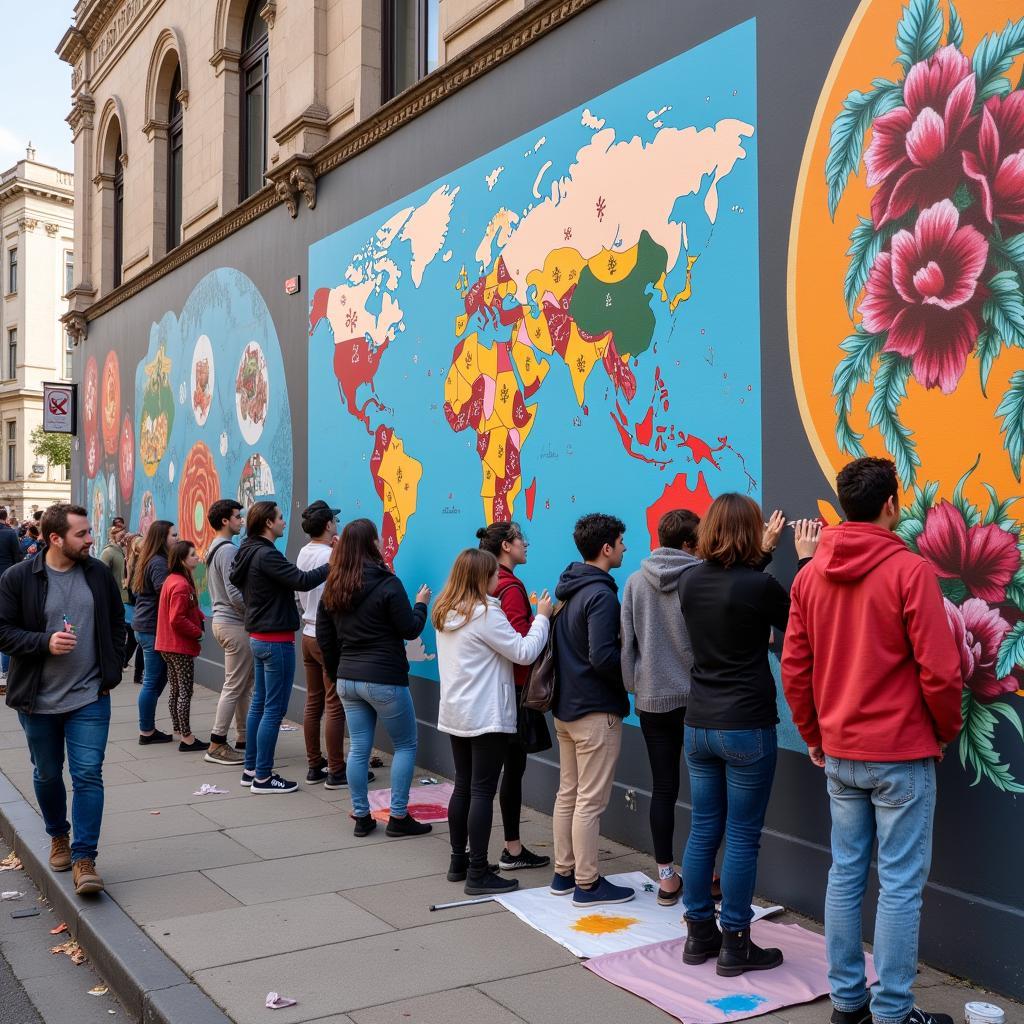 Community members participating in a collaborative art project at a street art festival