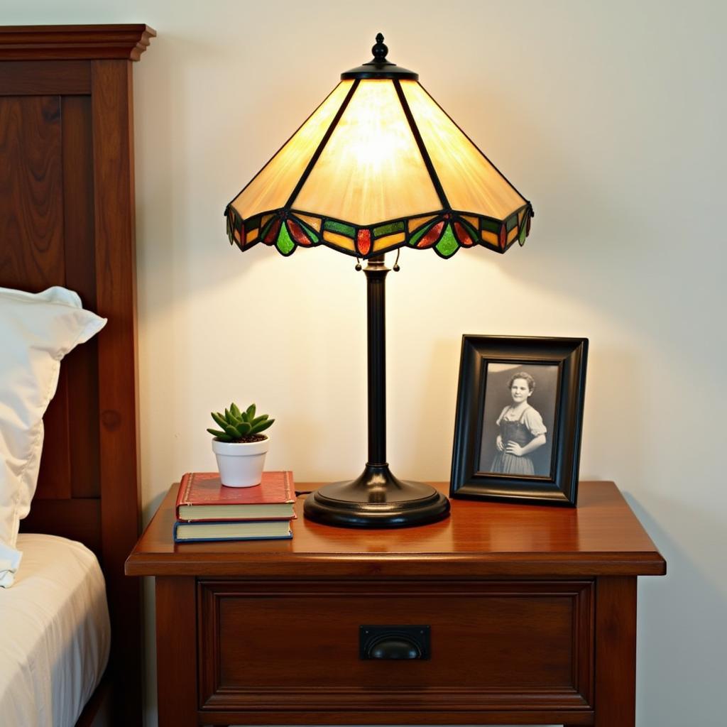 Styled Arts & Crafts Nightstand with Lamp, Books, and Plants