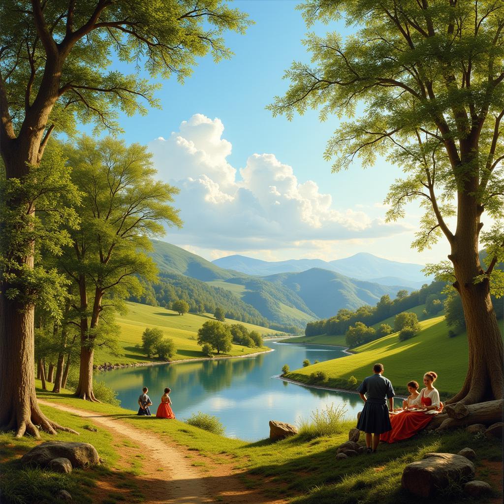 Summer Classical Landscape Painting Depicting Rolling Hills and Lush Greenery