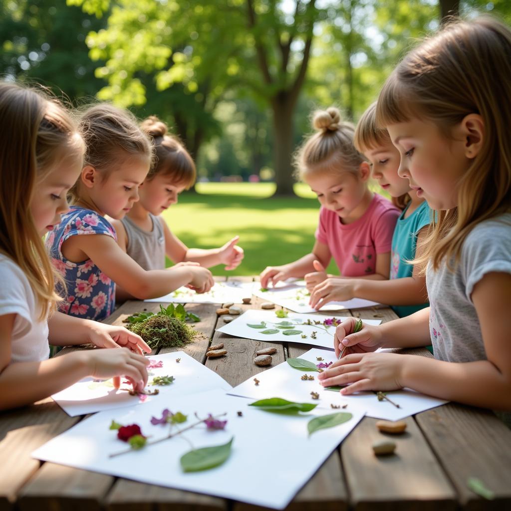 Preschool children creating nature collages during summer art activity