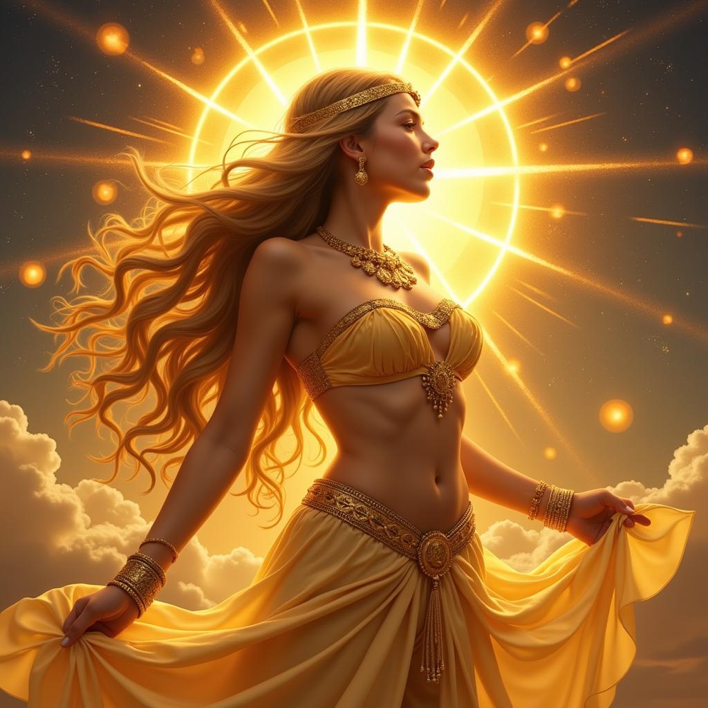 Digital Painting of a Sun Goddess with Flowing Golden Hair