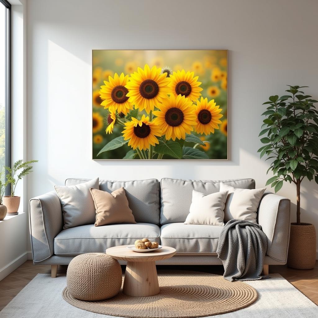 Sunflower Canvas Print Above Sofa in Living Room