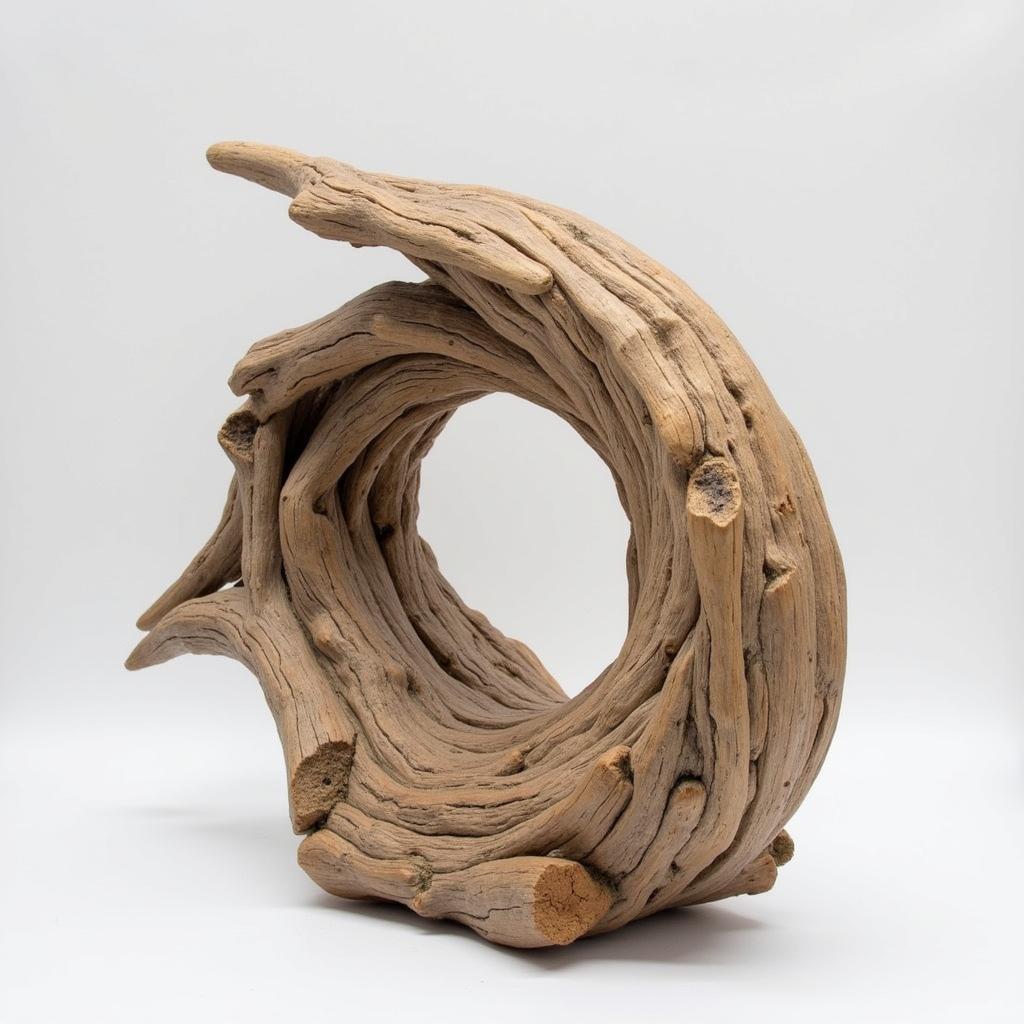 Surf inspired sculpture made from driftwood, shaped like a wave