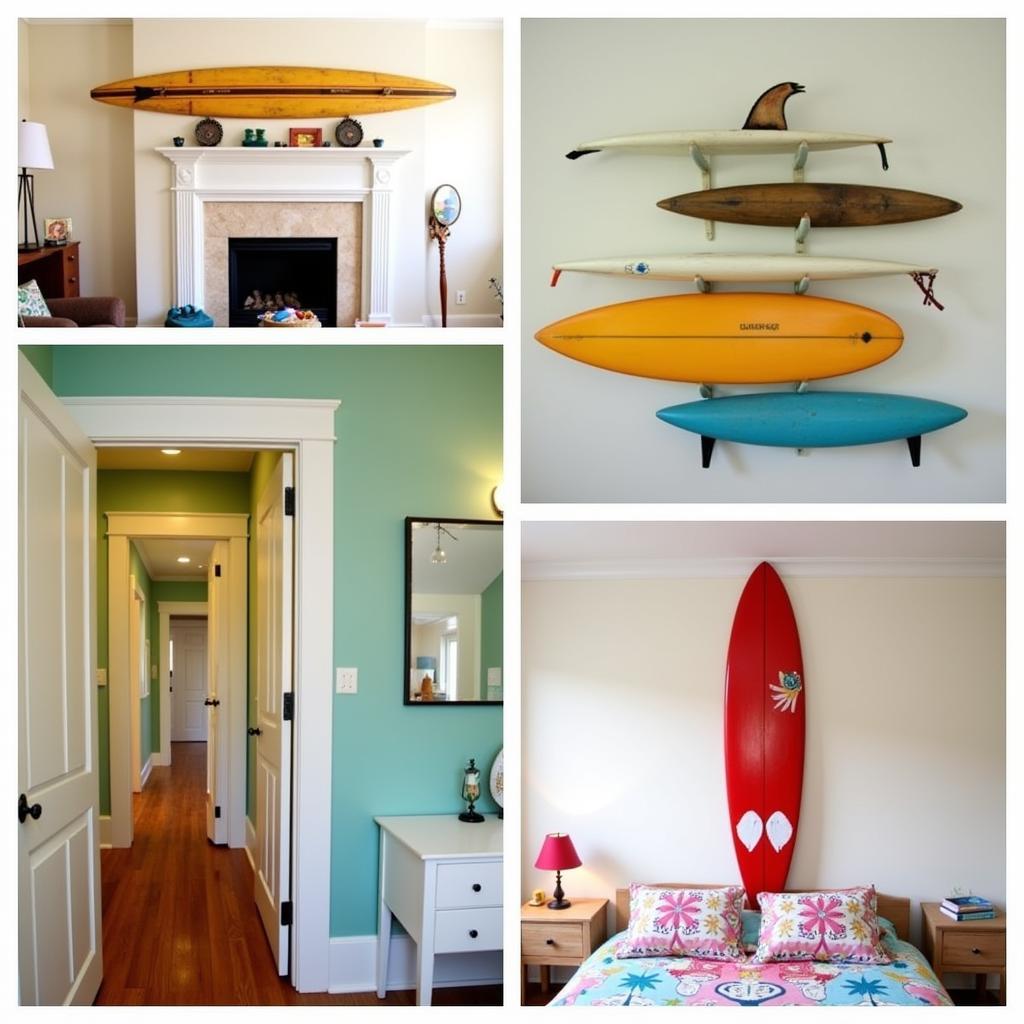 Different sizes and placements of surfboard wall art in various rooms.