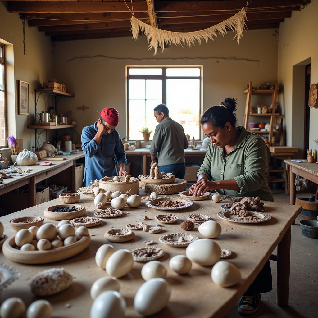 Artisans creating ostrich art in a sustainable workshop.