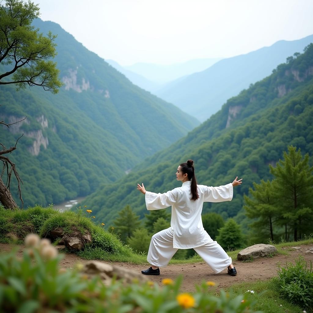 Tai Chi practitioner performing in a serene mountain landscape