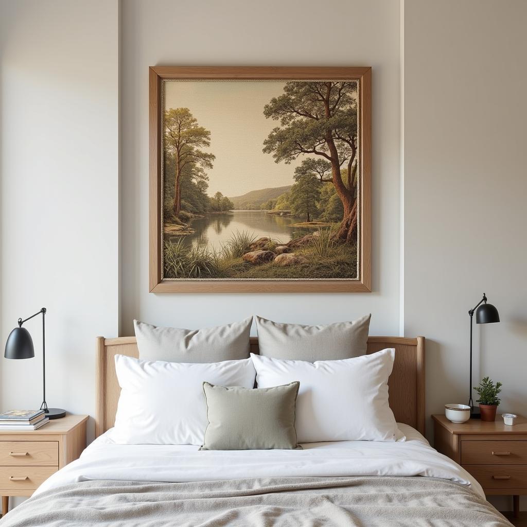 Tapestry framed art enhancing a bedroom's ambiance