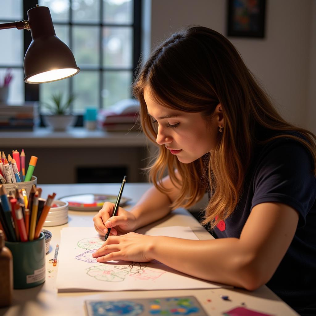 Teenager Concentrated on an Art Project at Their Dedicated Art Table