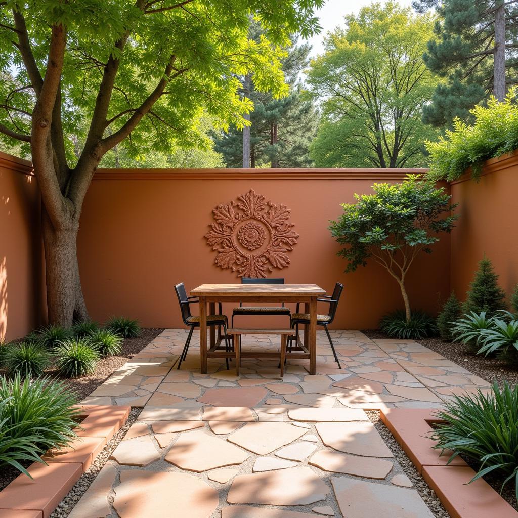 Terra cotta wall art displayed on an outdoor patio