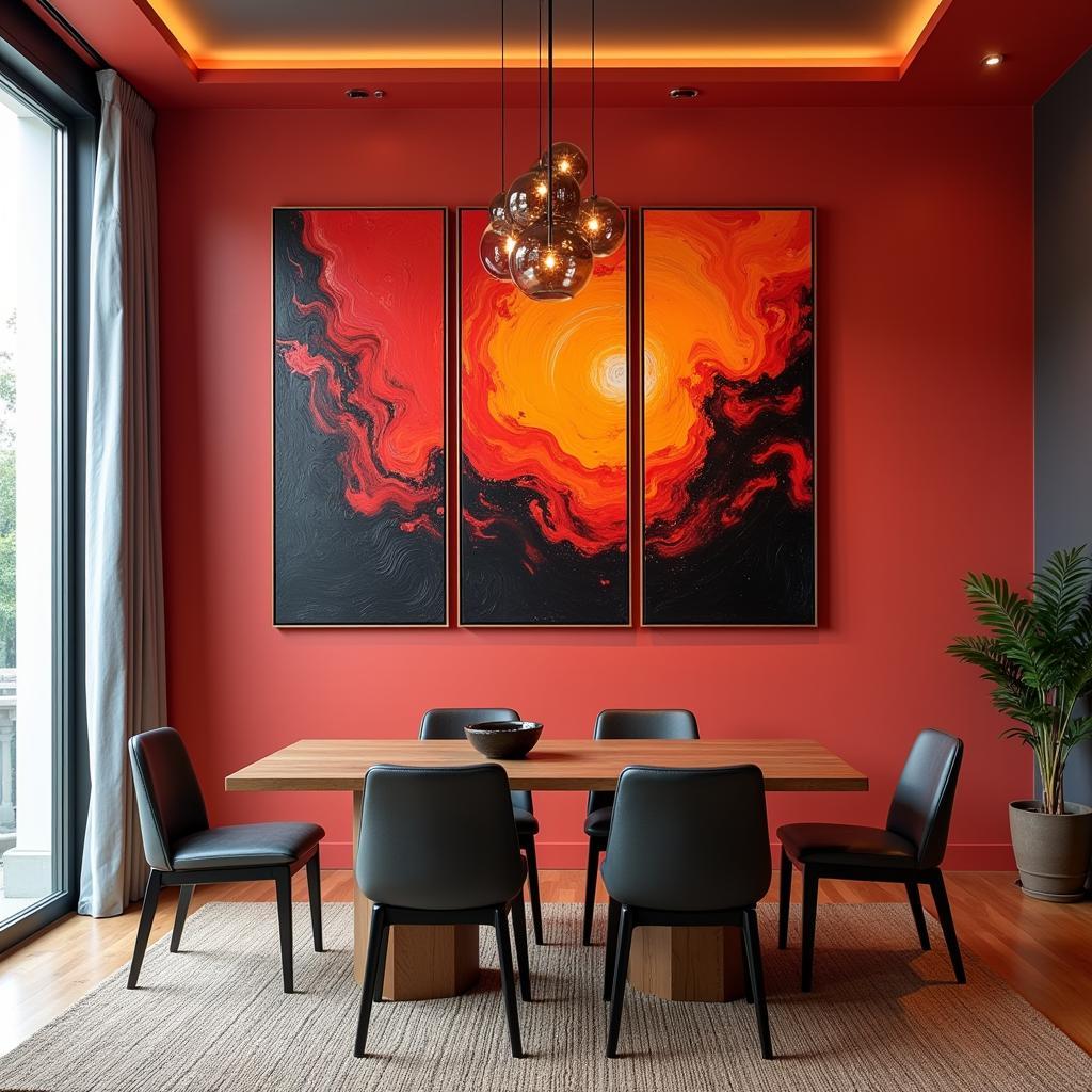 Bold Three Piece Abstract Art in a Dining Room