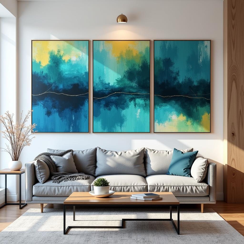 Three Piece Abstract Art in a Modern Living Room