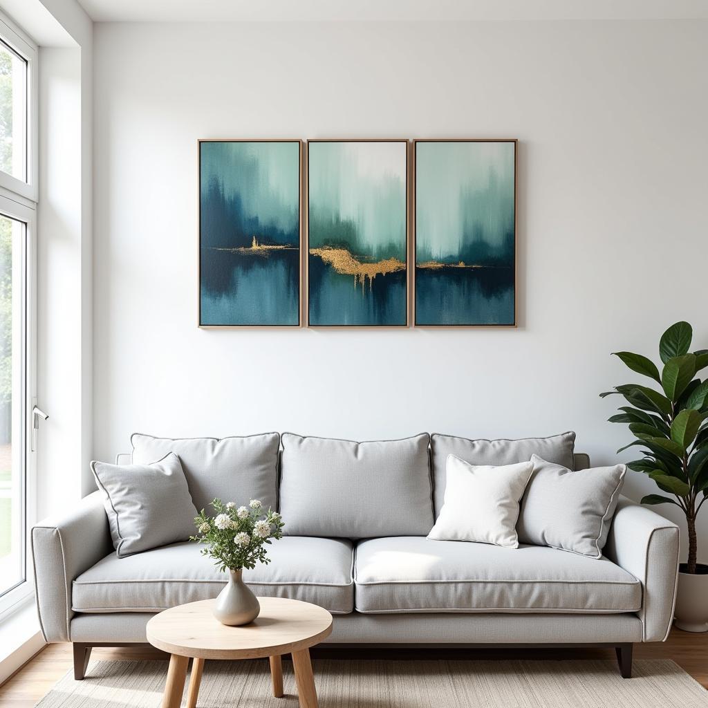 Modern Living Room Decorated with Three Piece Art Prints