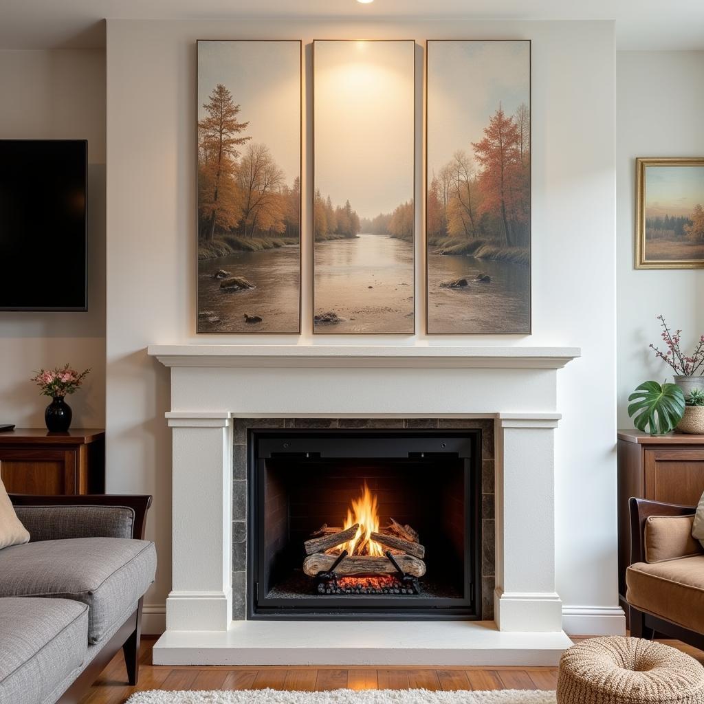 A large three-piece canvas art hanged above the fireplace transforms the living space into a cozy and stylish haven