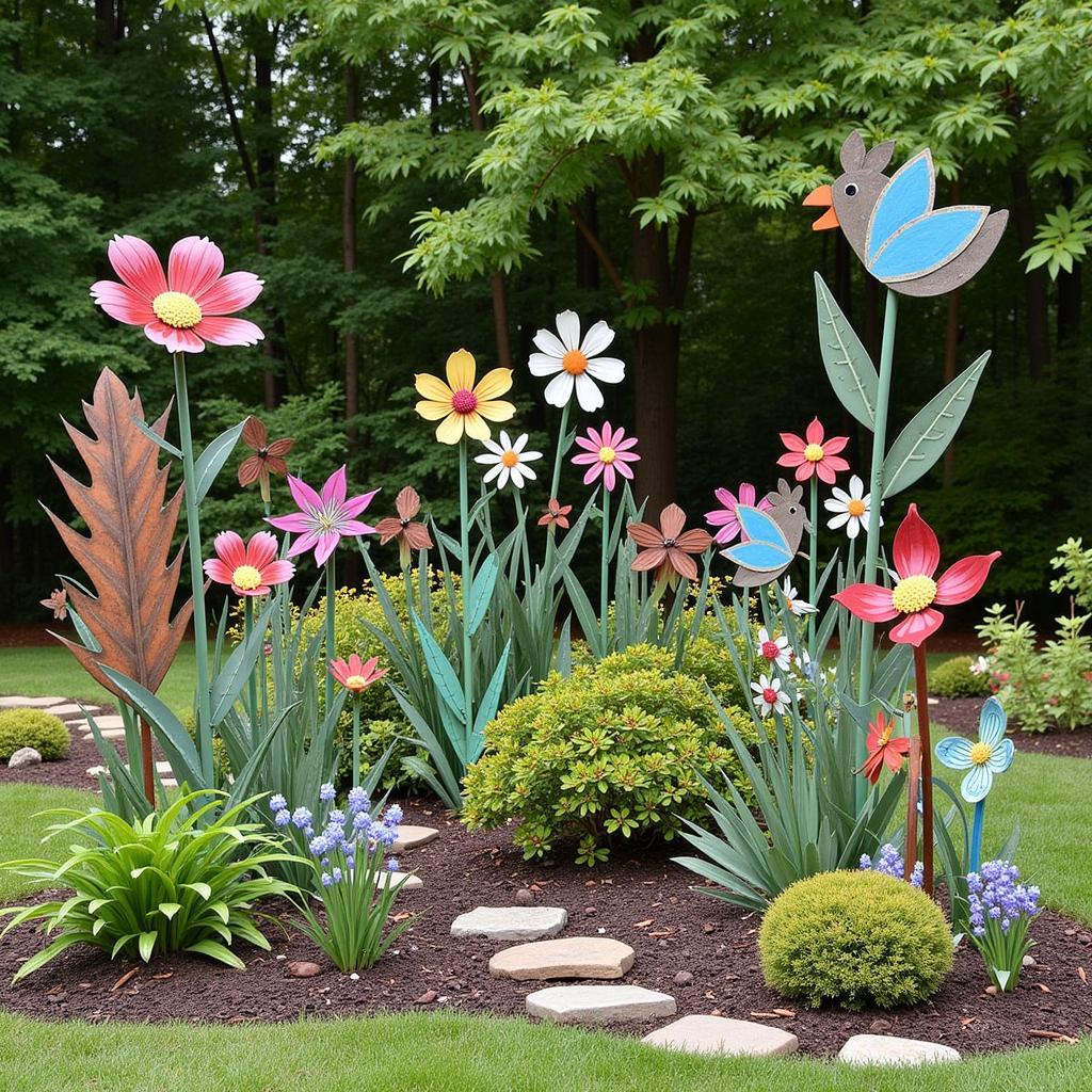 Tin yard art can be used to create various garden themes, from rustic to whimsical.