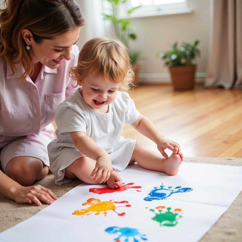 Toddler Creating Bunny Footprint Art