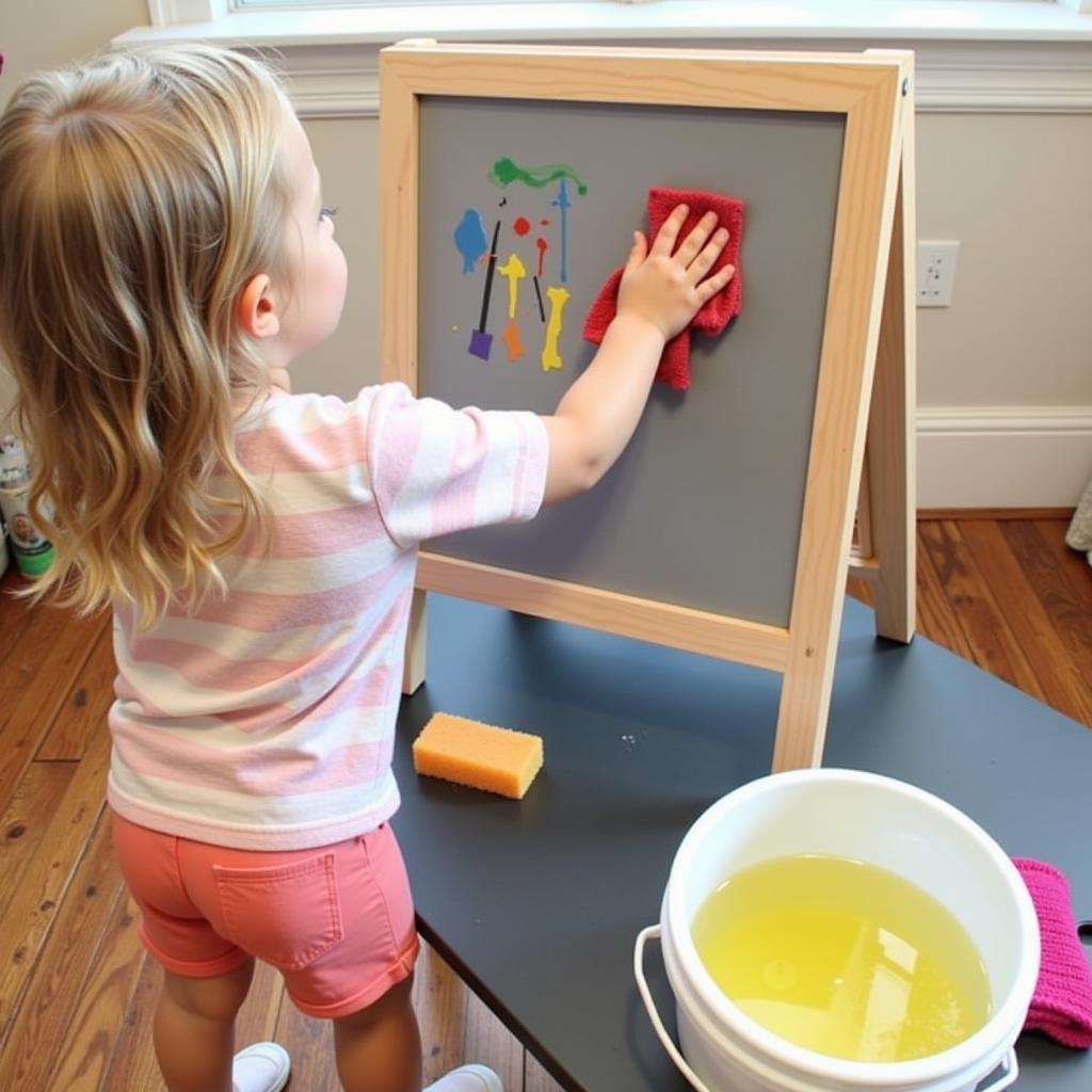 Toddler cleaning their art easel