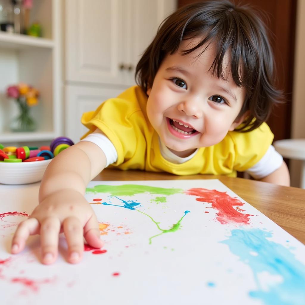 Toddler enjoying finger painting