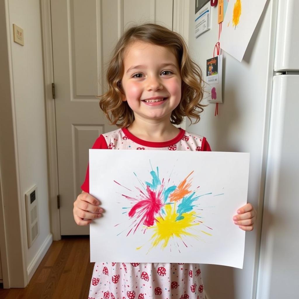 Toddler proudly showing their artwork