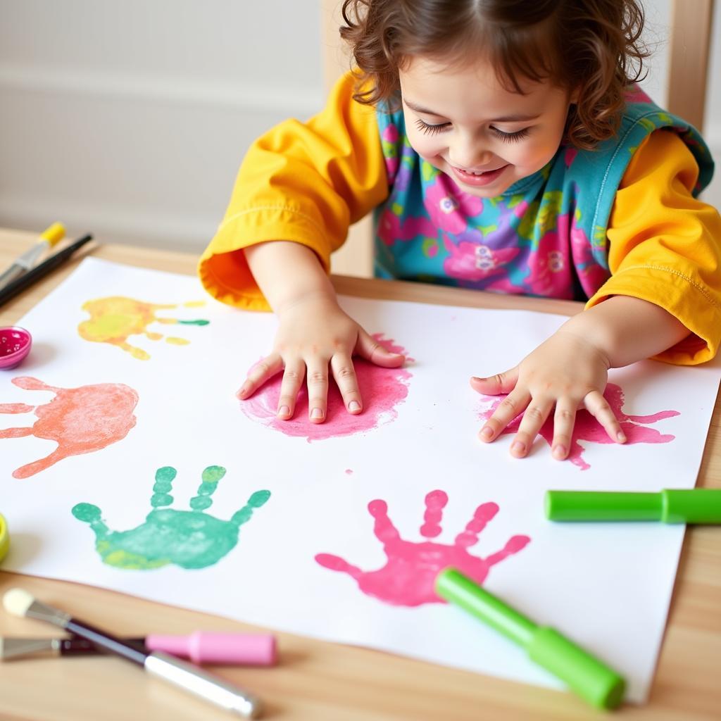 Toddler Creating Valentine's Day Handprint Flowers