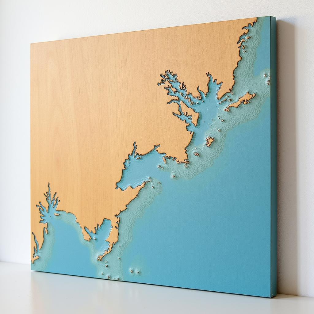 Custom Topographic Map of a Coastal Region on Wood