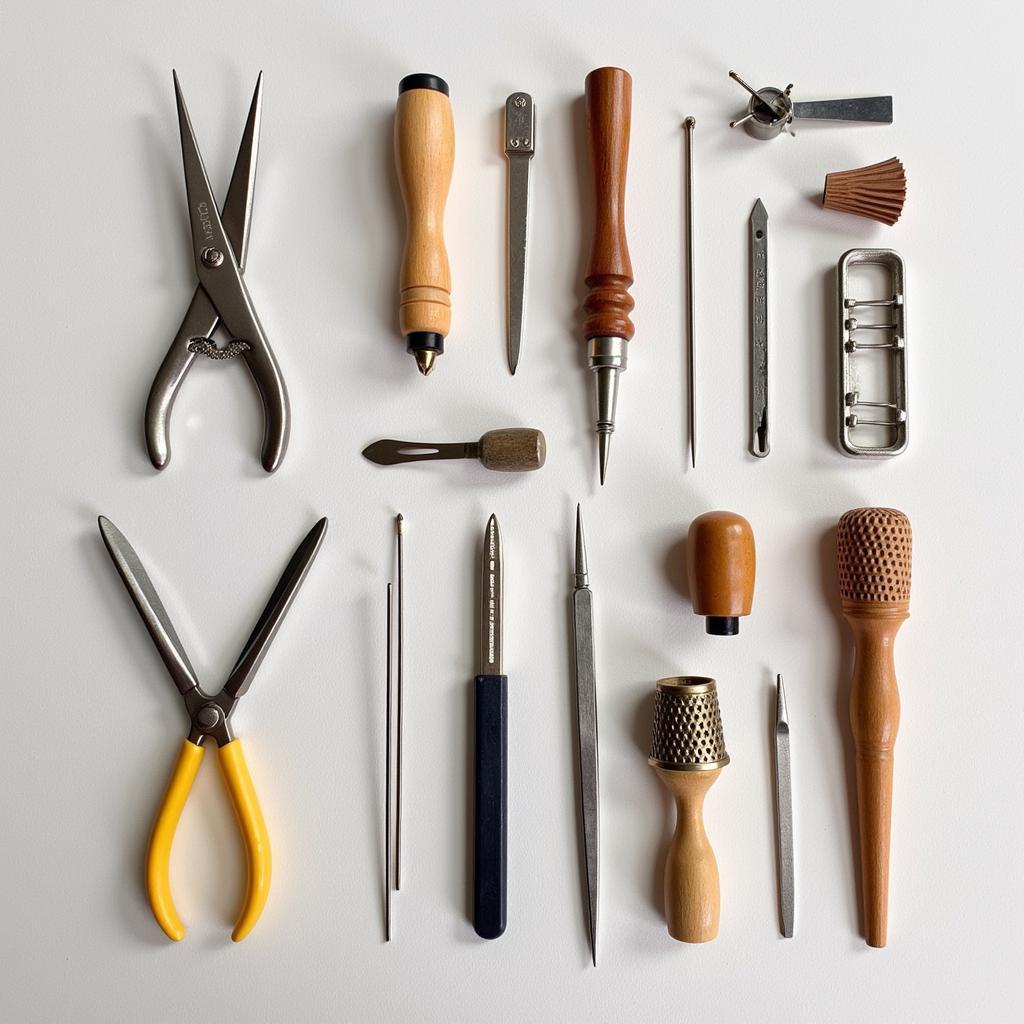 A collection of traditional tools used in East quilting, including needles, thimbles, and small scissors.