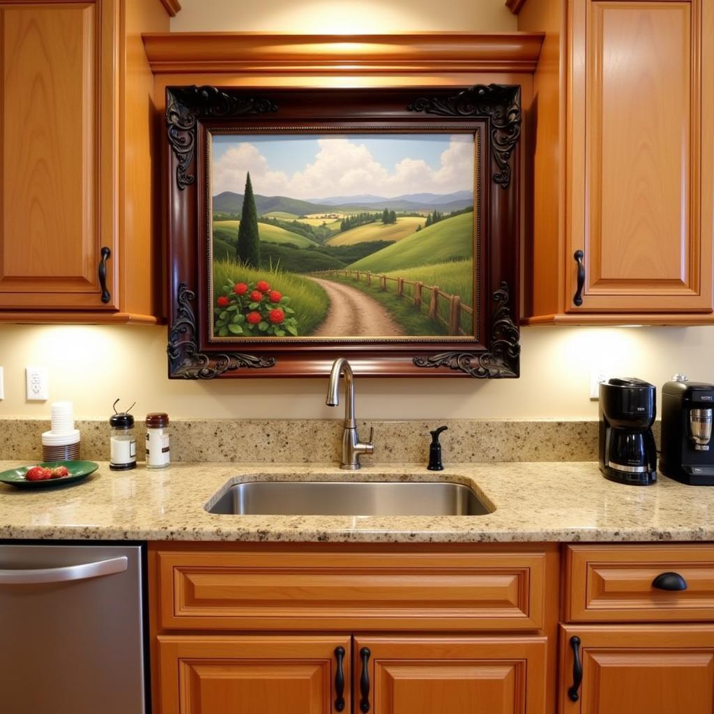 Traditional kitchen with framed landscape art