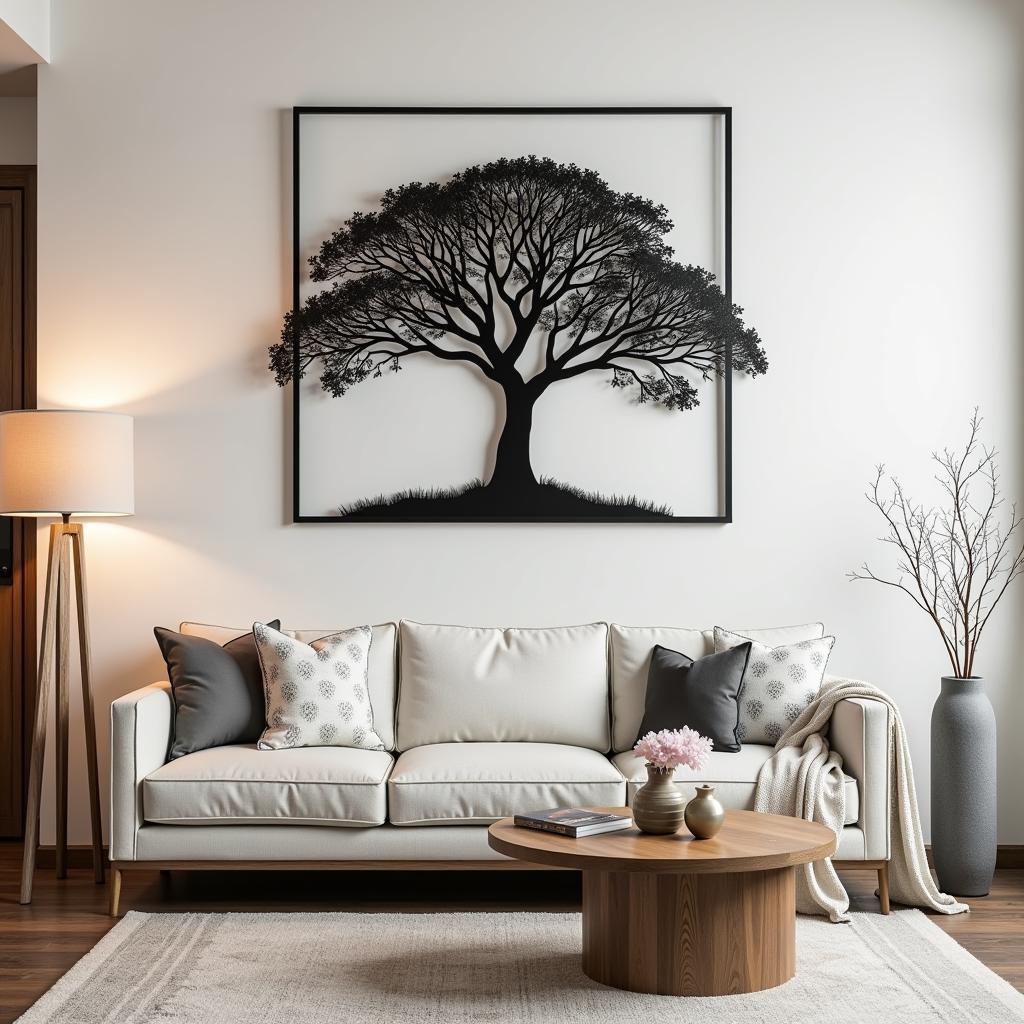 Tree Metal Wall Art in a Living Room Setting