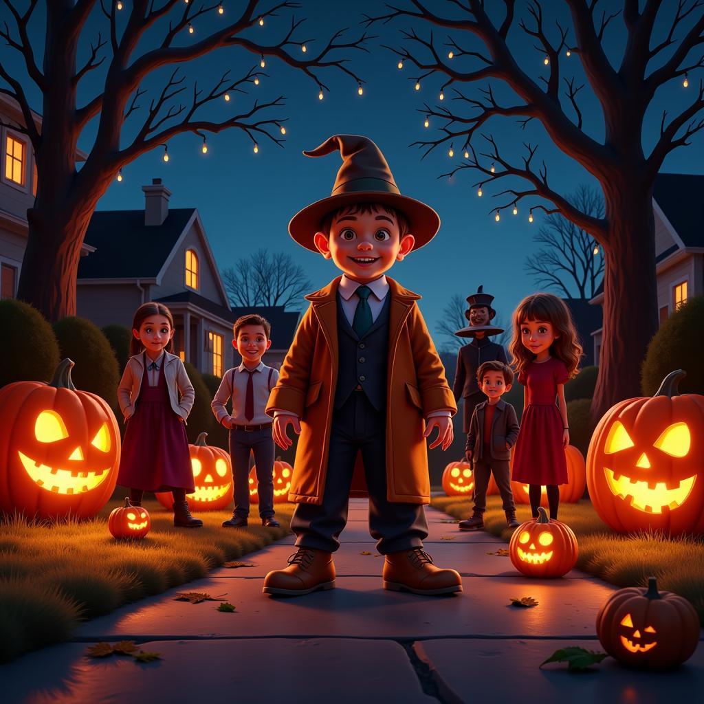 Digital art depicting a Halloween night scene with Sam and trick-or-treaters, illuminated by jack-o'-lanterns