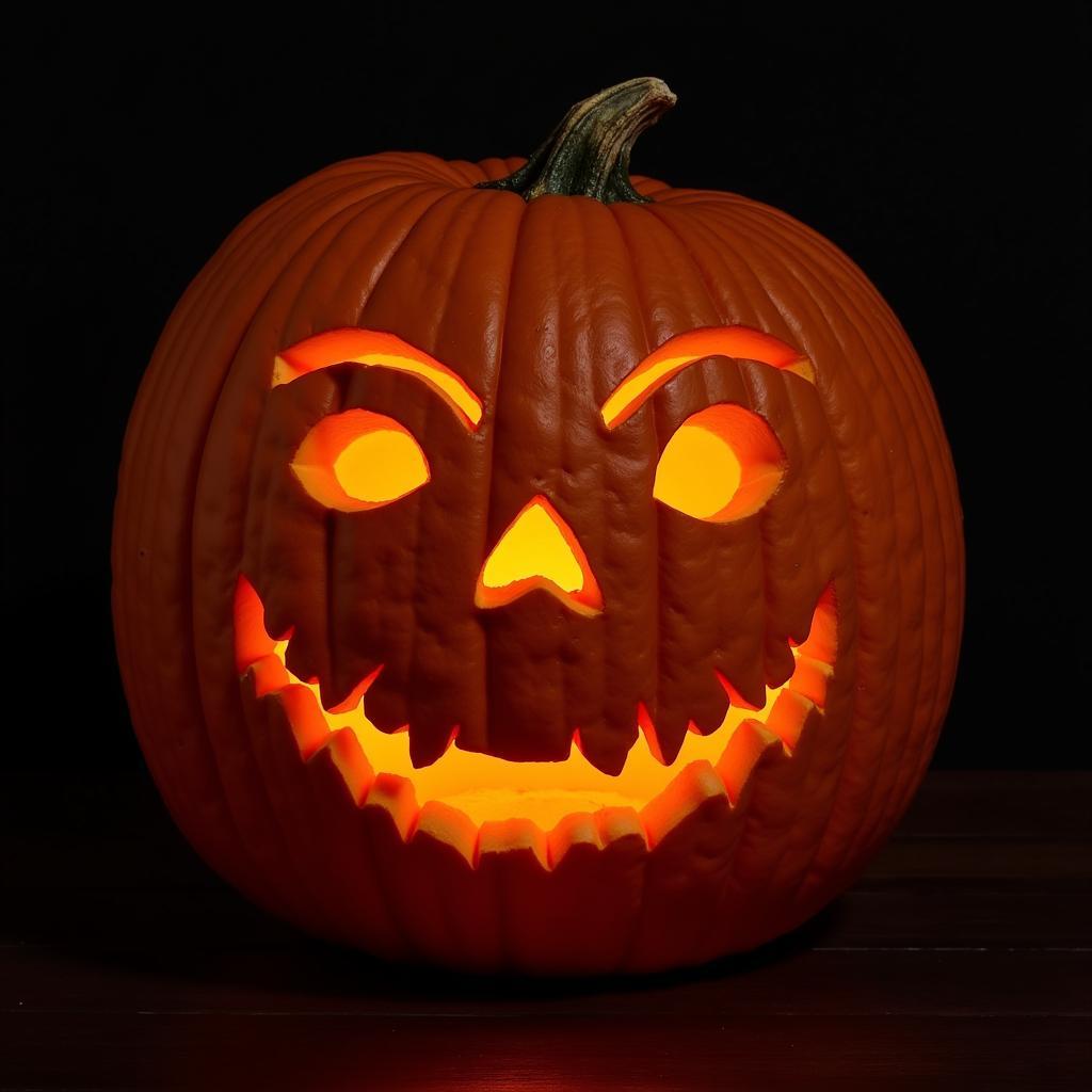 Realistic photograph of a pumpkin carved with Sam's face from Trick R Treat, lit from within