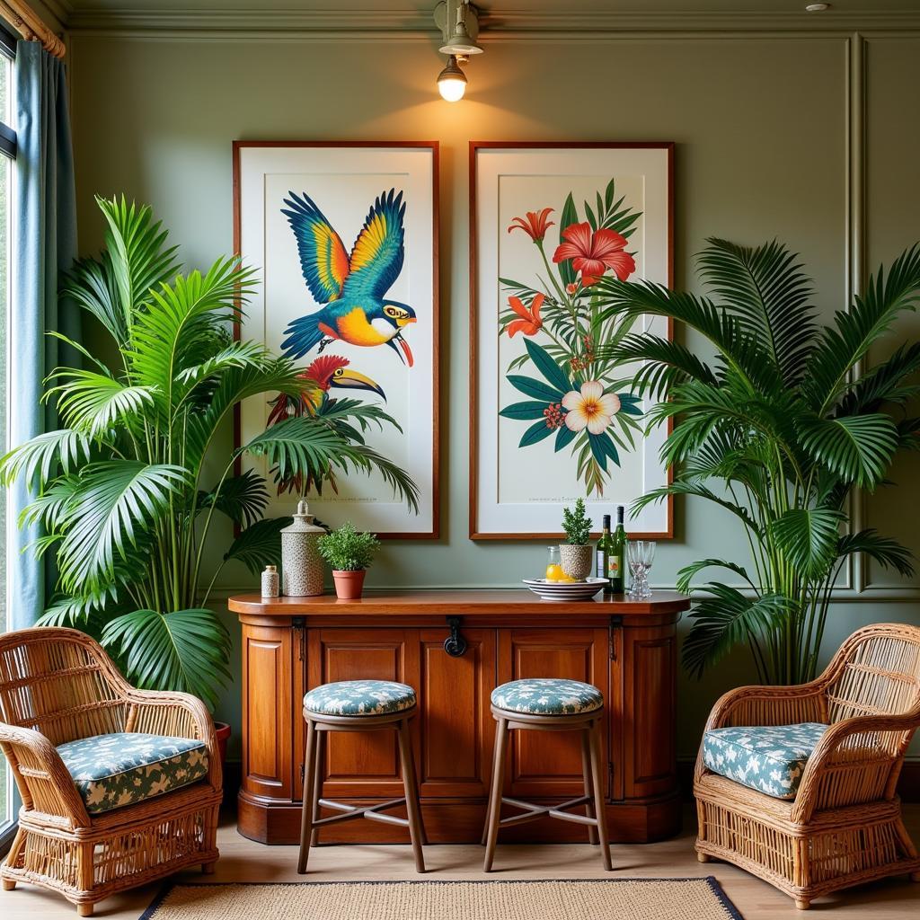 Tropical Bar Decor with Vintage Prints and Lush Plants