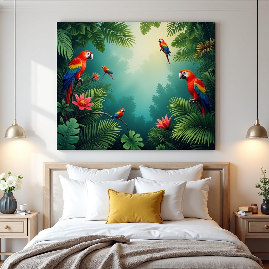 Tropical Jungle Wall Art Canvas Print in a Bedroom