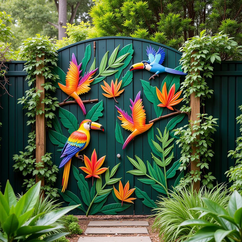 Tropical Metal Wall Art Installed in a Lush Garden Setting