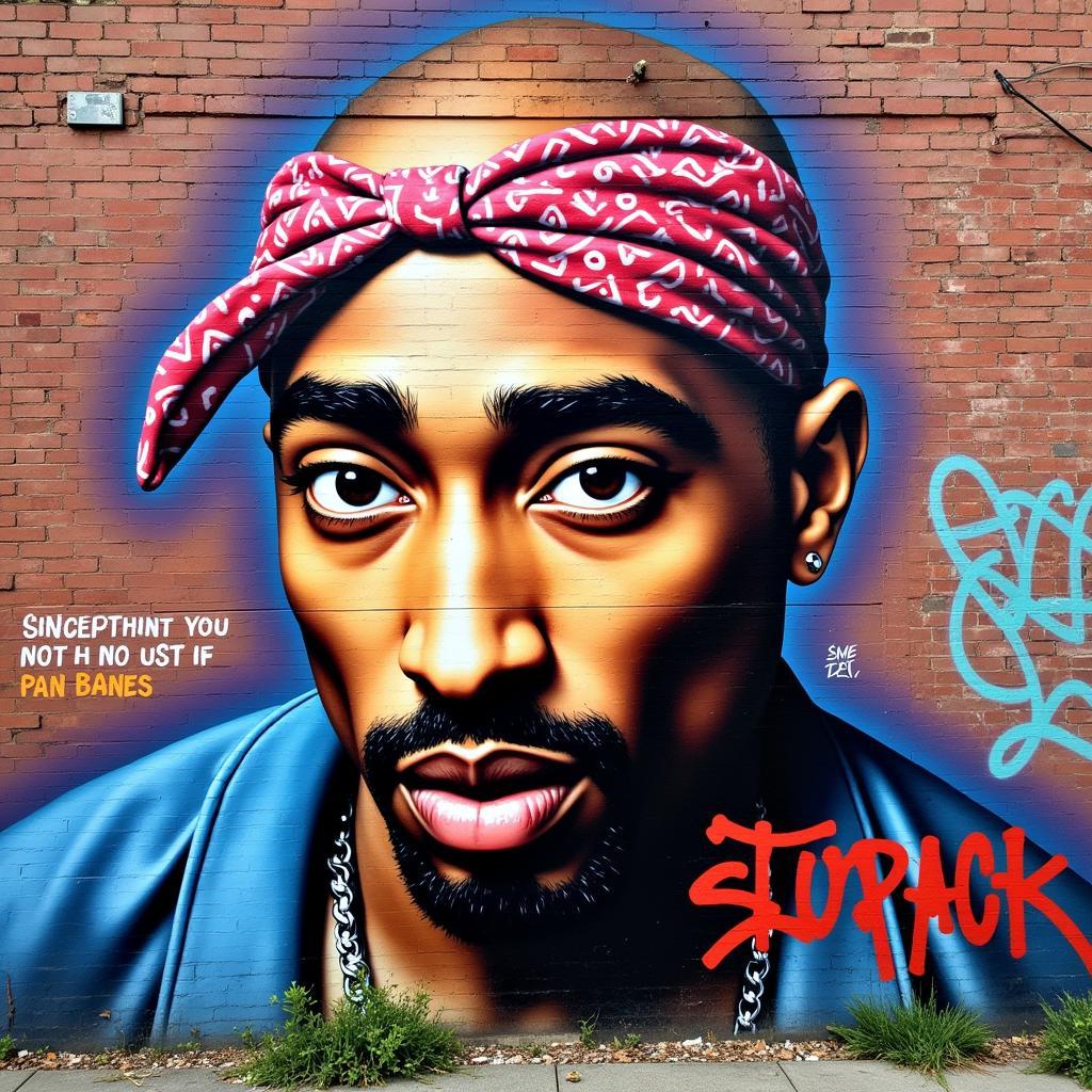 Tupac Shakur graffiti mural on a brick wall