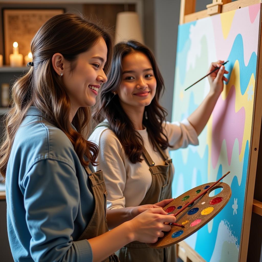 Two People Collaboratively Painting on a Canvas