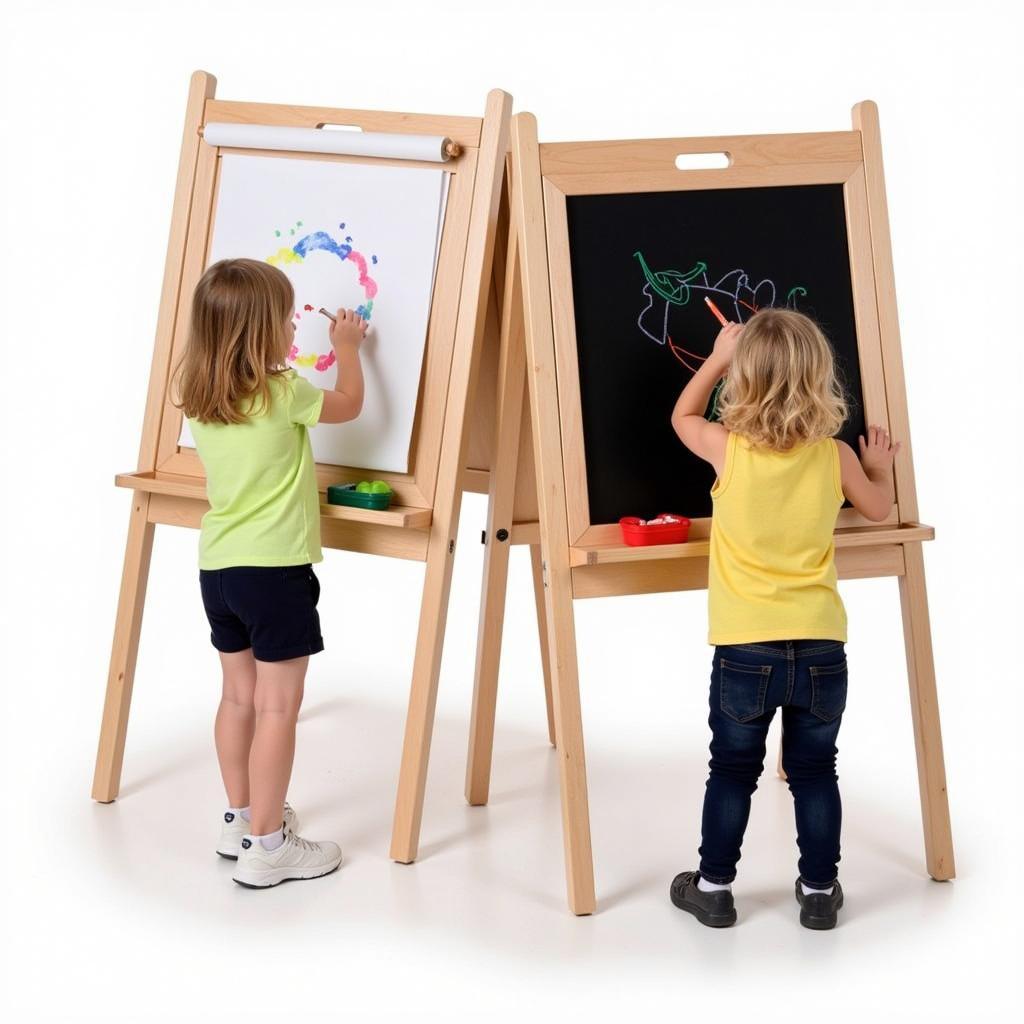 Two toddlers painting on a double-sided easel