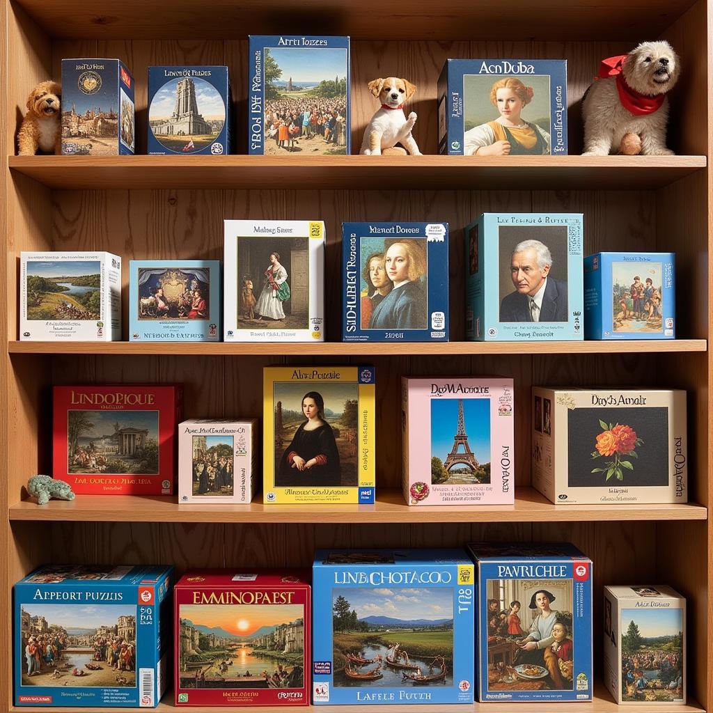 Variety of Art Jigsaw Puzzles on a Shelf