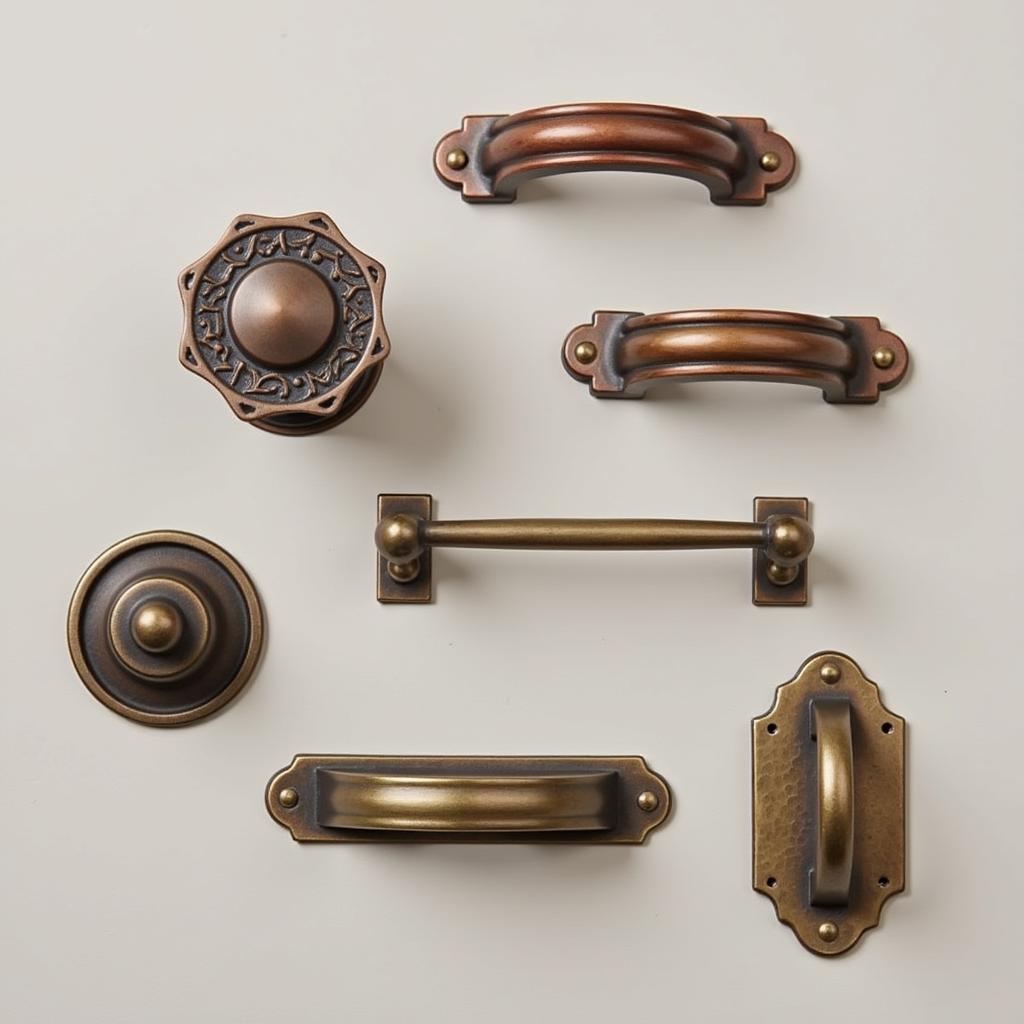 Different finishes available for Arts and Crafts hardware like oil-rubbed bronze, antique brass, and hammered copper.