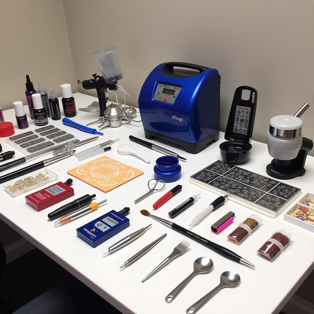 A variety of professional nail art tools displayed on a table, showcasing different brands and types of equipment.